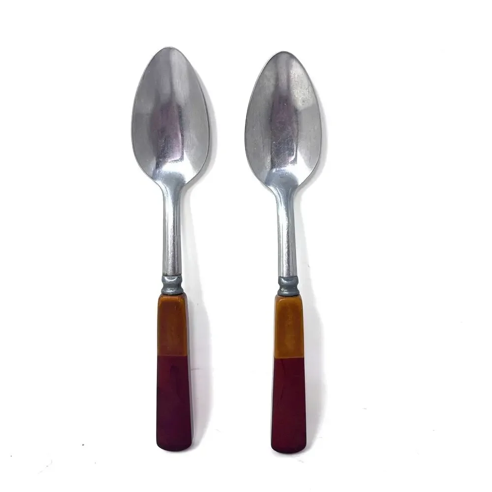 Vintage Bakelite Lucite Spoon Cherry Butterscotch Set of‎ 2 Two Tone MCM